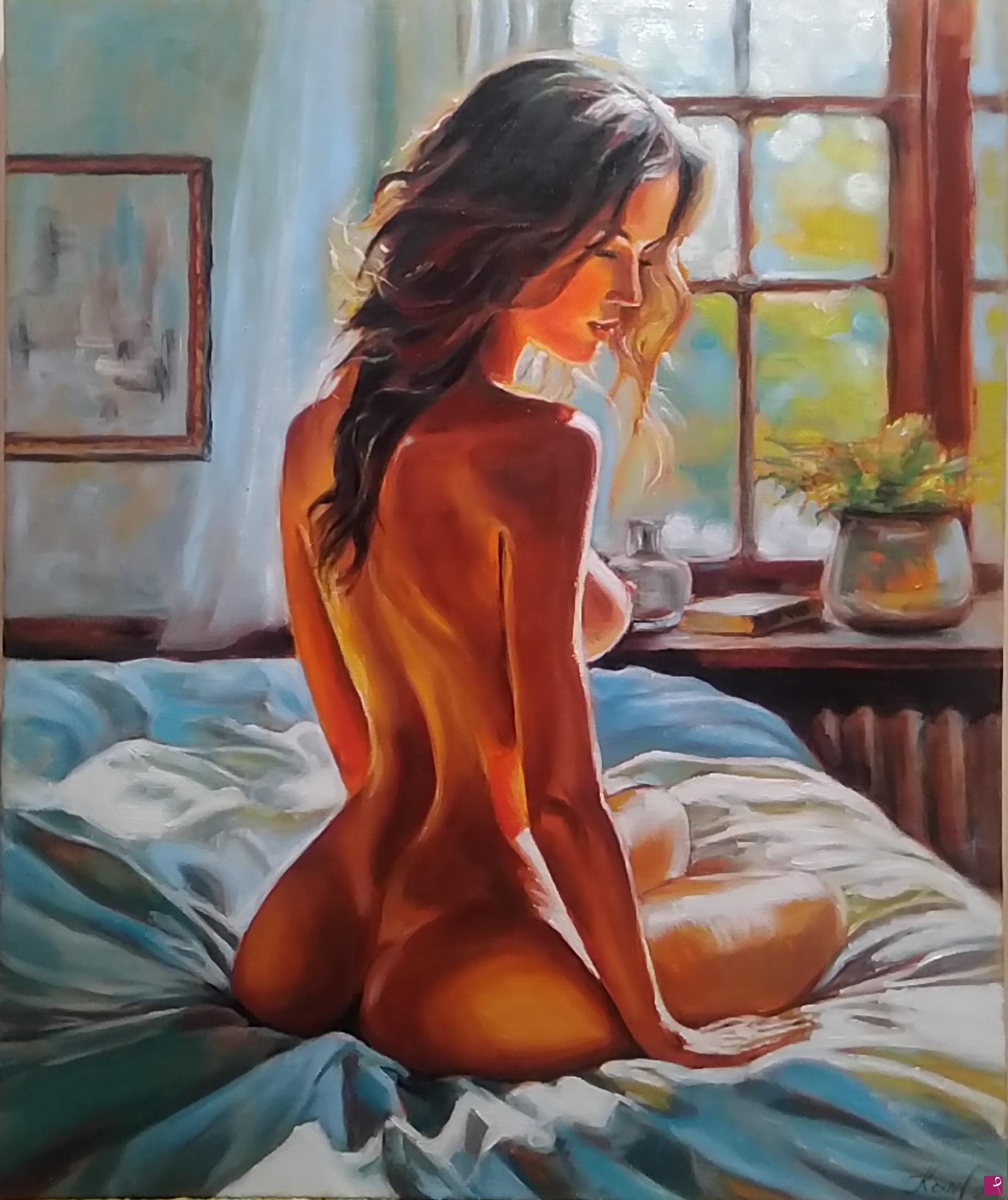 quadri in vendita online - Quadro dipinto a mano, olio su tela, "Ragazza, mimosa" 