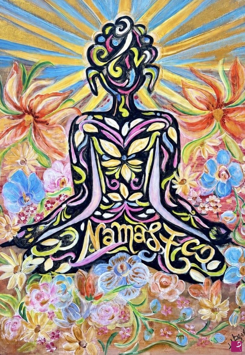quadri in vendita online - Quadro meditazione Namasté dipinto a olio, arte spirituale floreale, donna yoga, quadro colorato fatto a mano, 58 × 77 cm