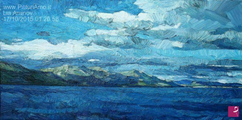 quadri in vendita online - Quadro originale moderno, paesaggio marino con le montagne