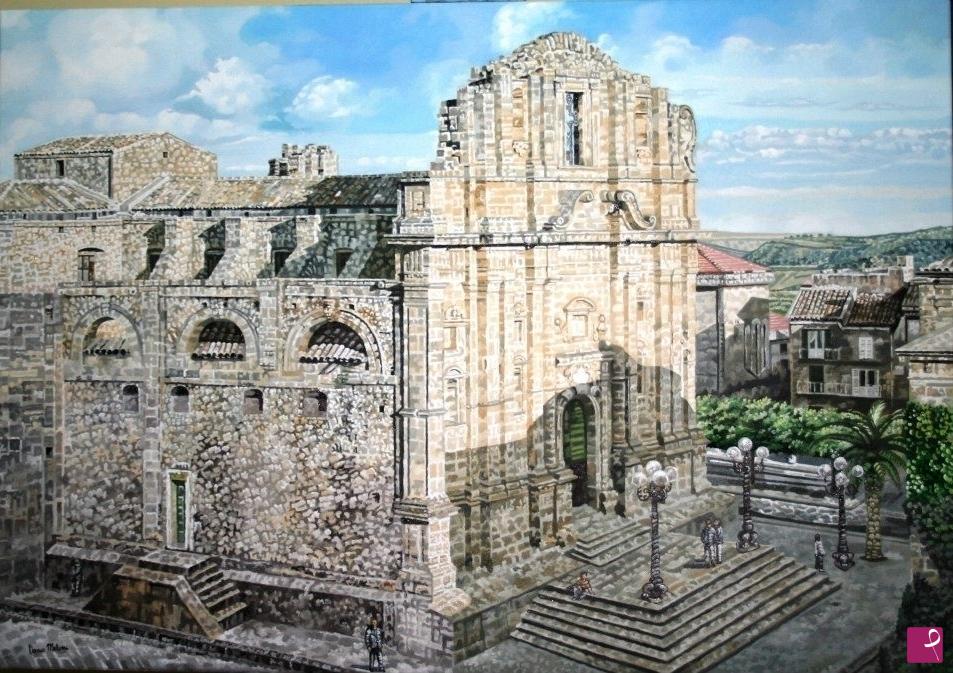 quadri in vendita online -  Quadro Paesaggio Urbano landscape , Chiesa Matrice, ipperrealismo, dipinto a mano Maestro Dario Meloni
