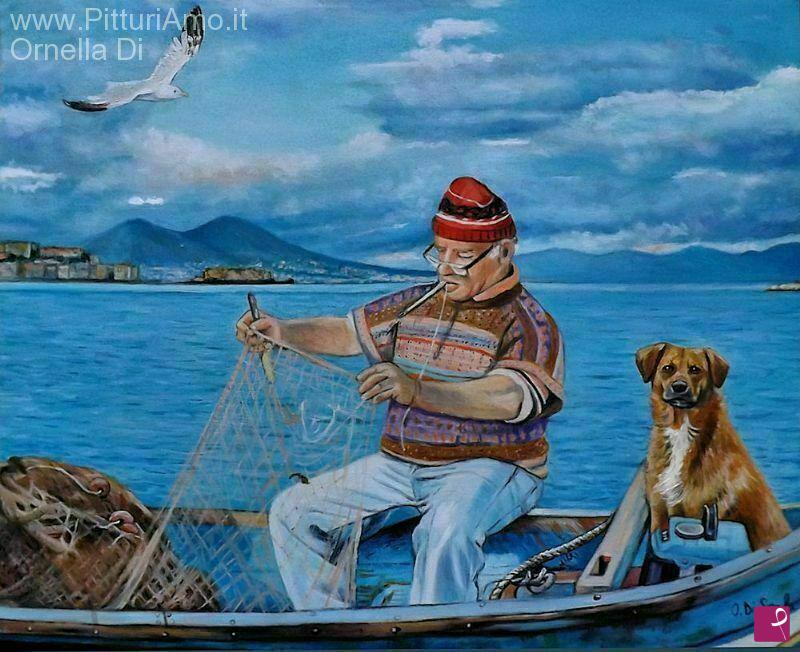 quadri in vendita online - quadro pescatore marina cane vesuvio golfo napoli