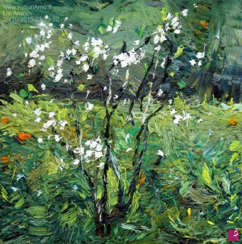 quadri in vendita online - Quadro piccolo, olio su tela, albero di ciliegio