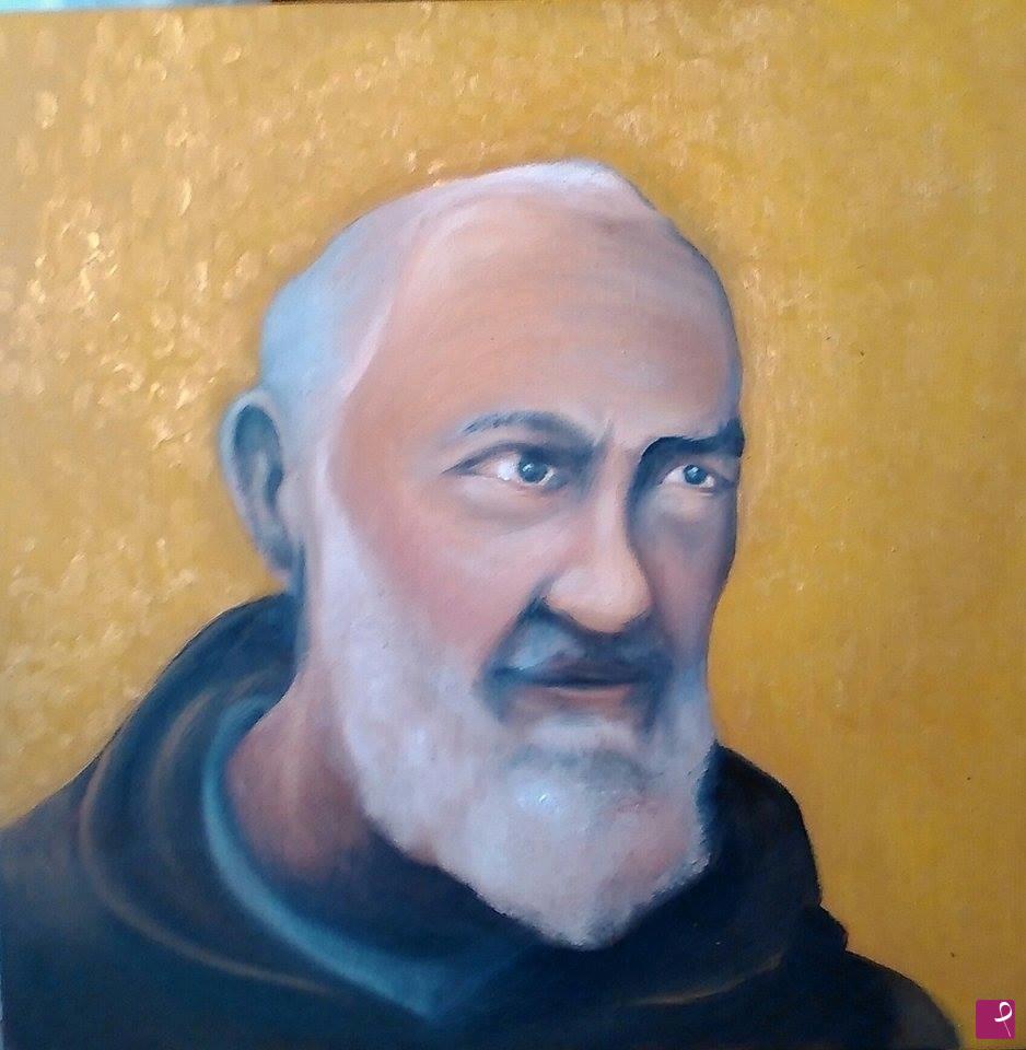 quadri in vendita online - Quadro San Padre Pio, opera ad olio e acrilico dorato su tela, a mano, 40x40 cm