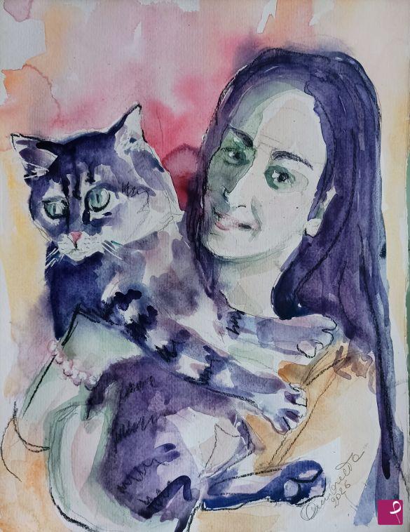quadri in vendita online - Ragazza con gatto