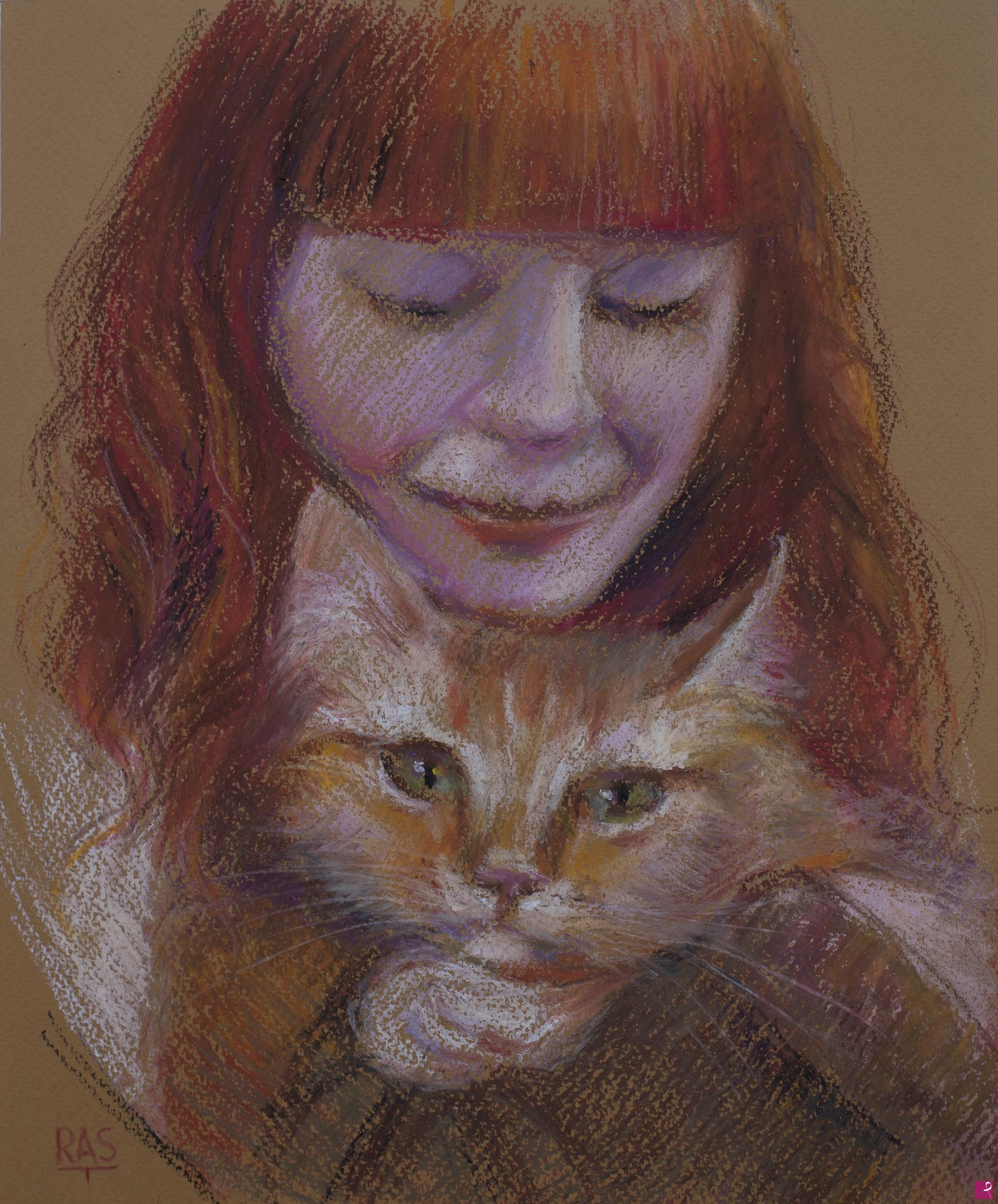 quadri in vendita online - Ragazza con il gatto rosso