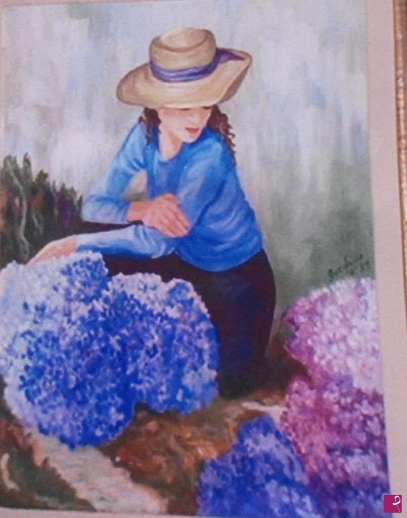 quadri in vendita online - Ragazza con ortensie