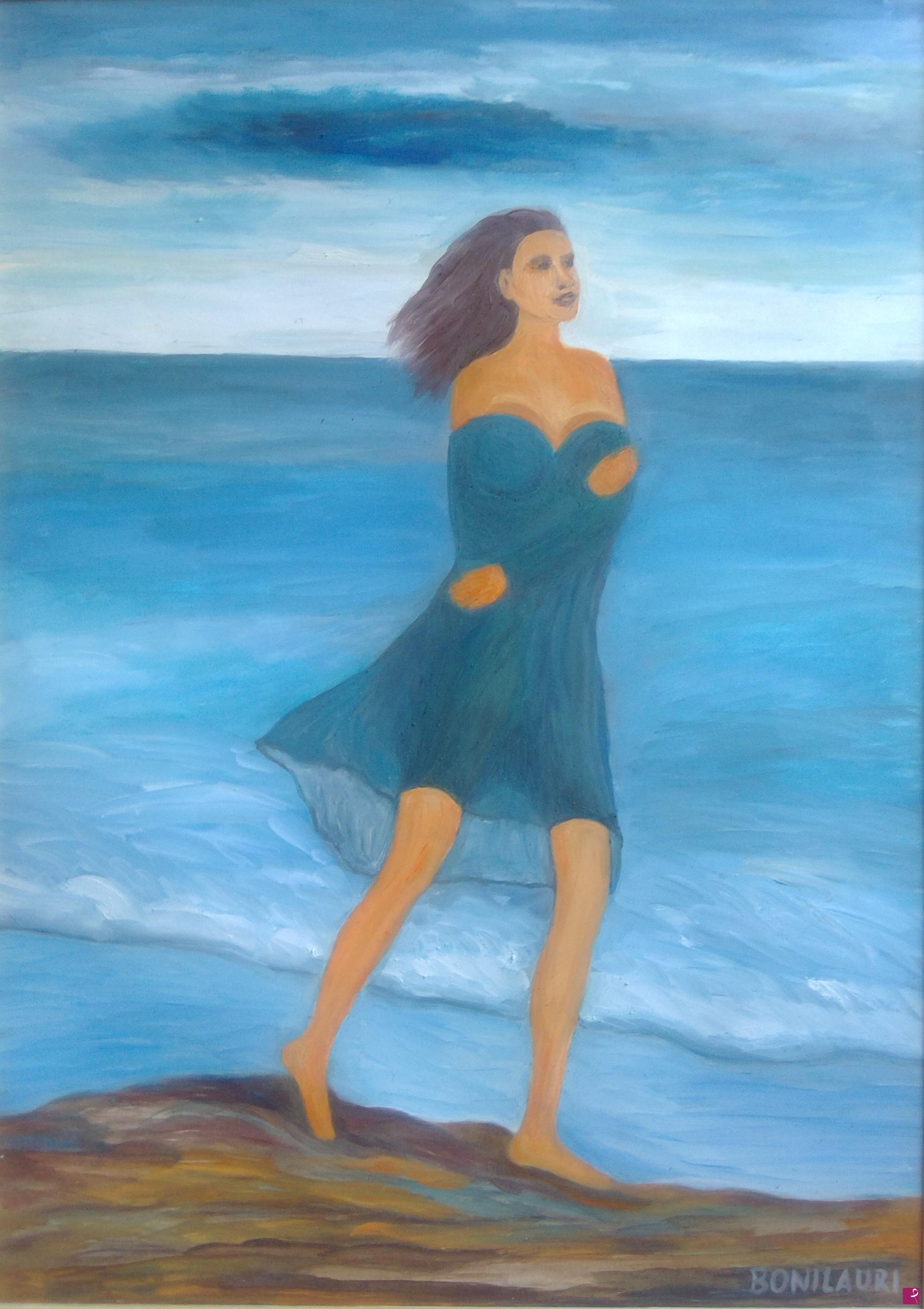 quadri in vendita online - Ragazza con vestito blu al mare