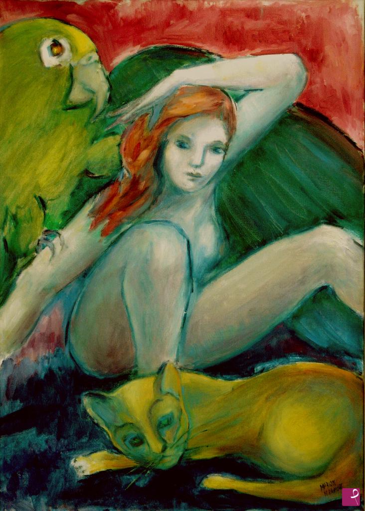 quadri in vendita online - Ragazza nuda seduta con papagallo e gatto (fantasia)