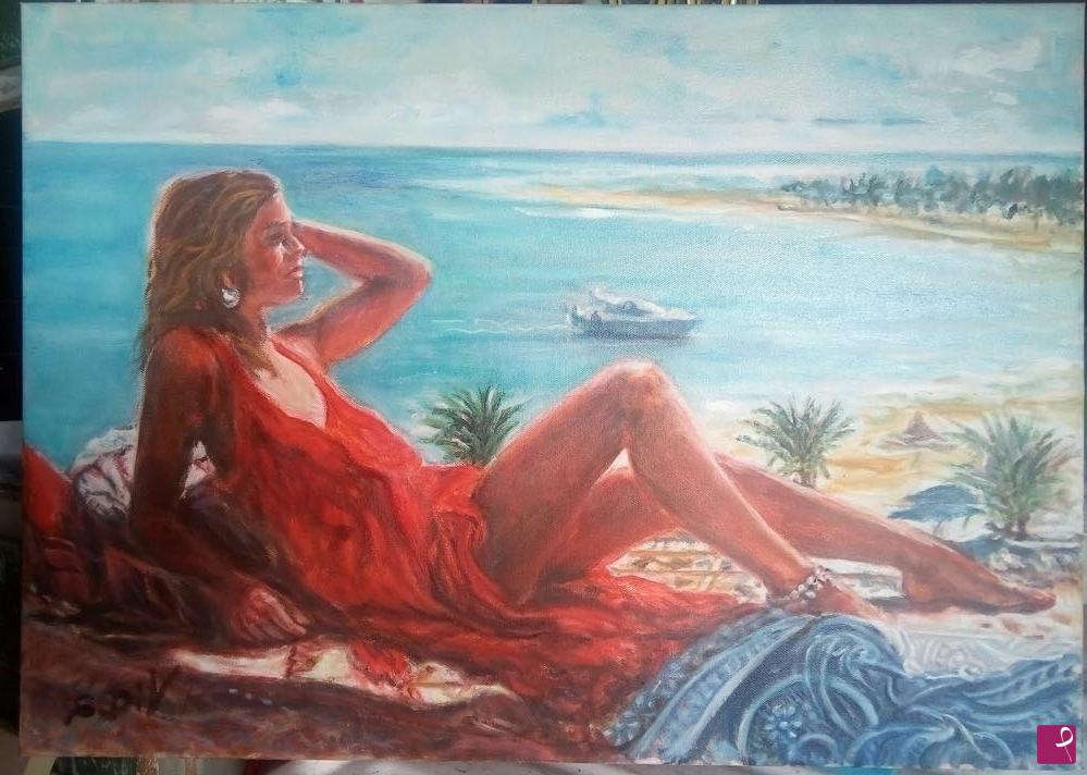 quadri in vendita online - ragazza sdraiata sulla spiaggia