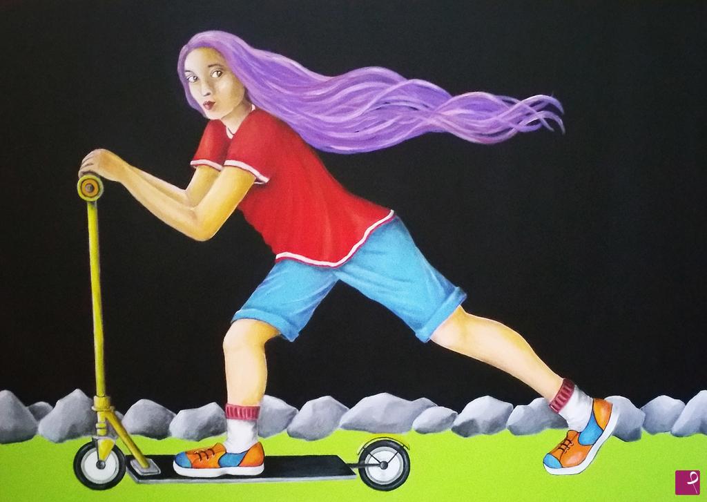 quadri in vendita online - Ragazza su monopattino