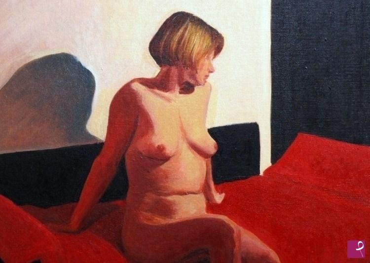 quadri in vendita online - ragazza sul divano rosso