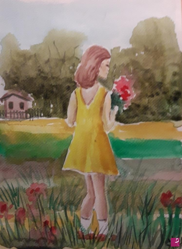 quadri in vendita online - Ragazzina in abito giallo.