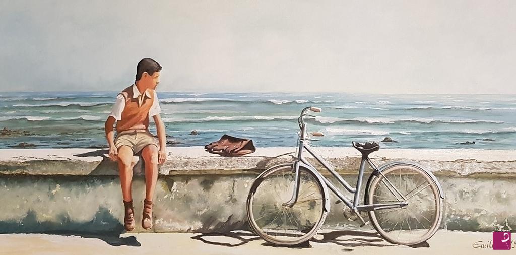 quadri in vendita online - ragazzino sul muretto
