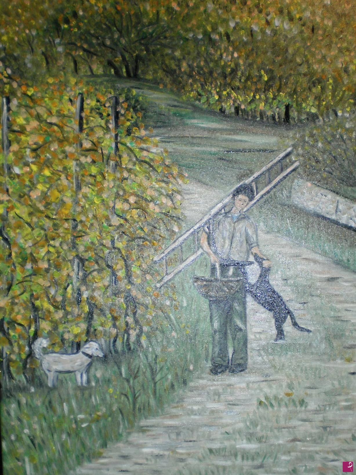 quadri in vendita online - Ragazzo con scala che accarezza cane