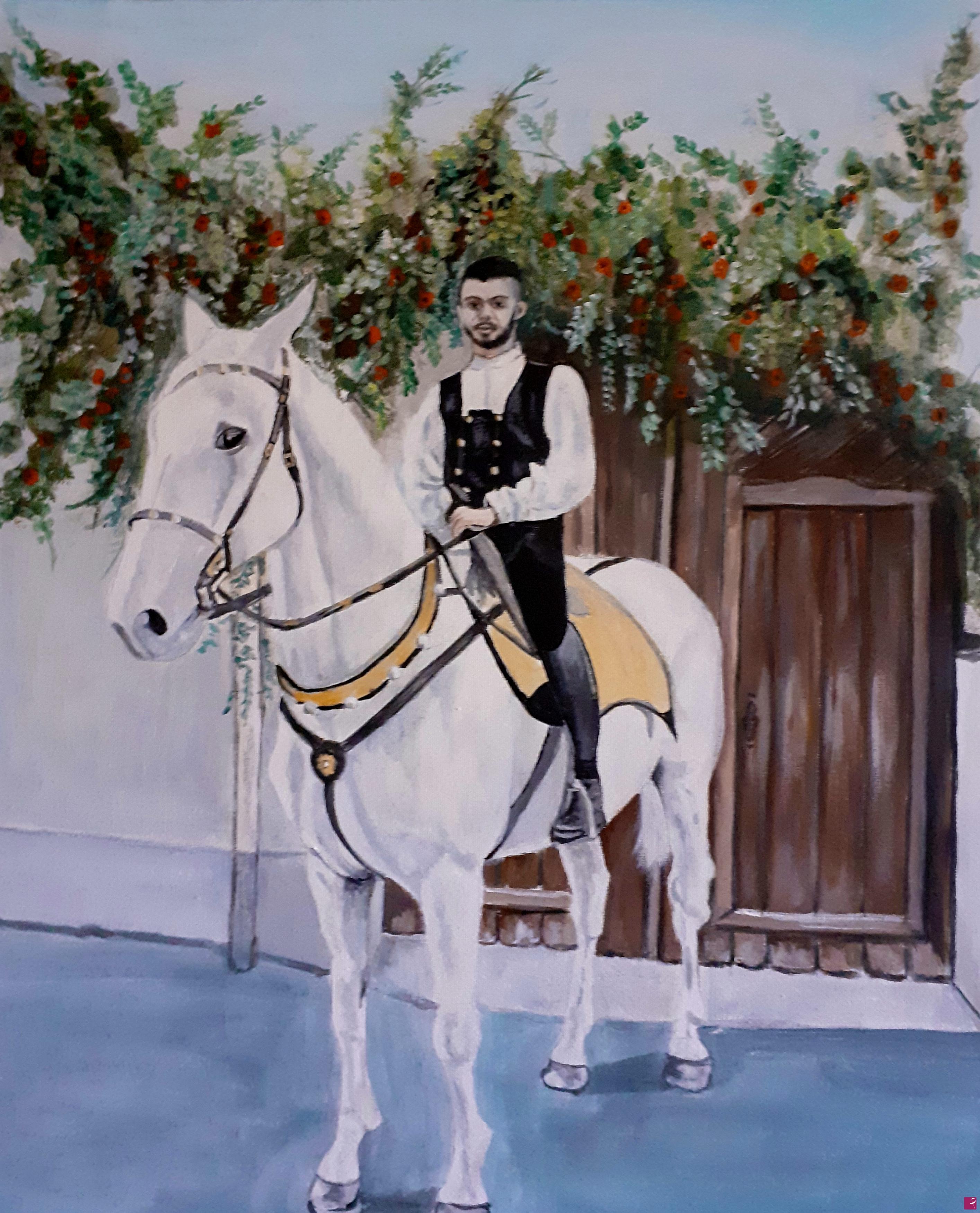 quadri in vendita online - Ragazzo in abito sardo a cavallo 