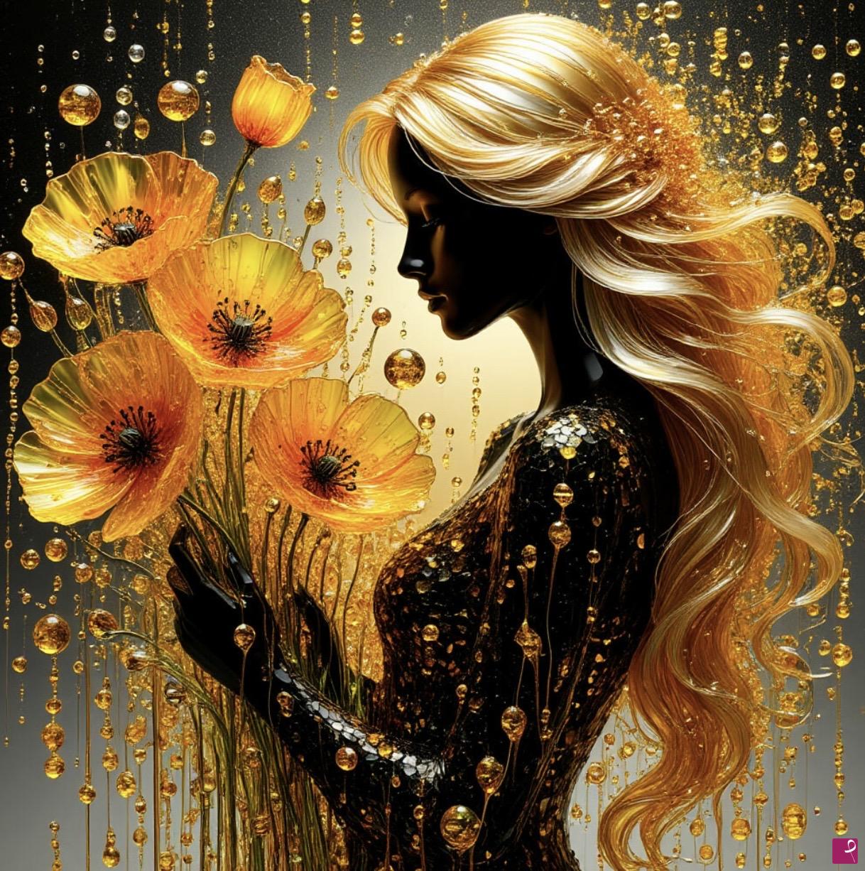 quadri in vendita online - Rain, yellow flowers, woman 