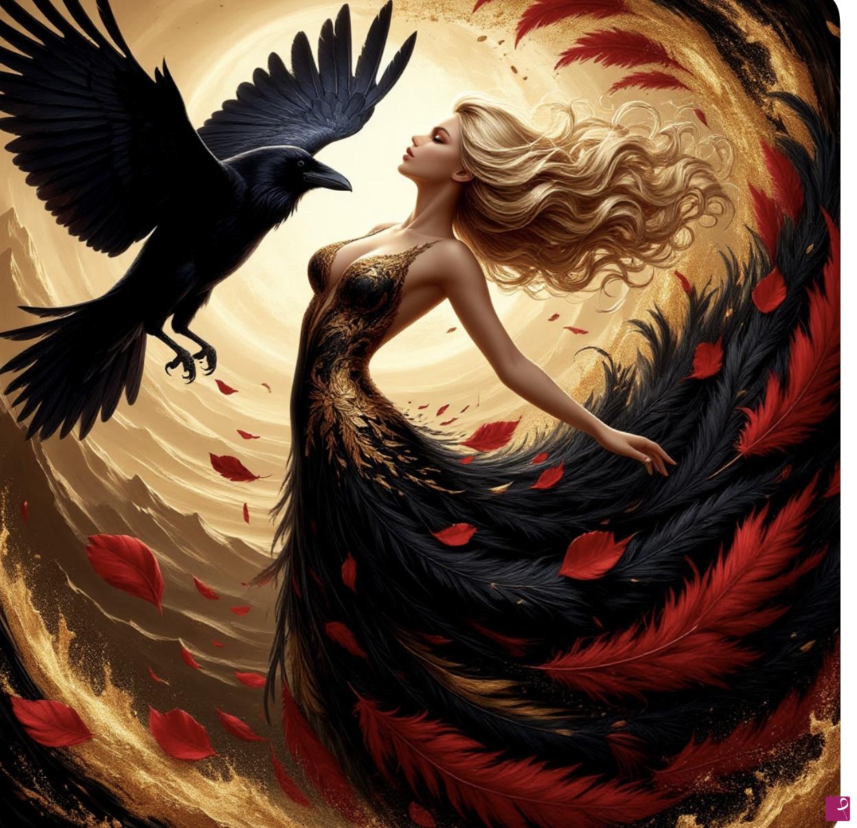 quadri in vendita online - Raven and girl in dress 