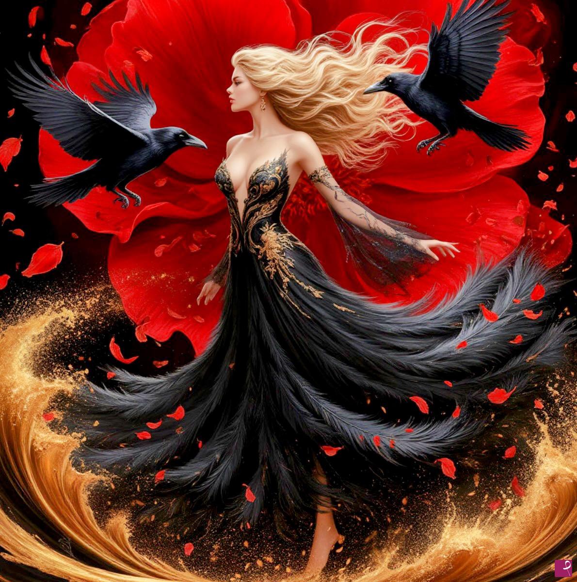 quadri in vendita online - Ravens and girl in black dress 