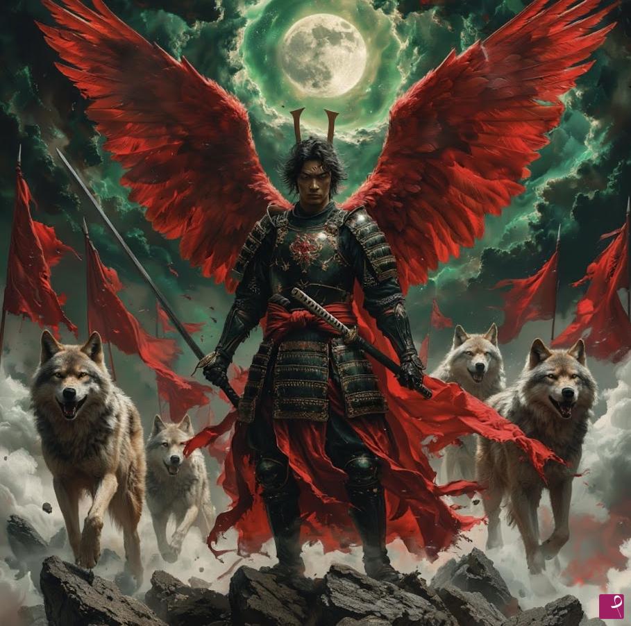 quadri in vendita online - Red angel samurai and volves
