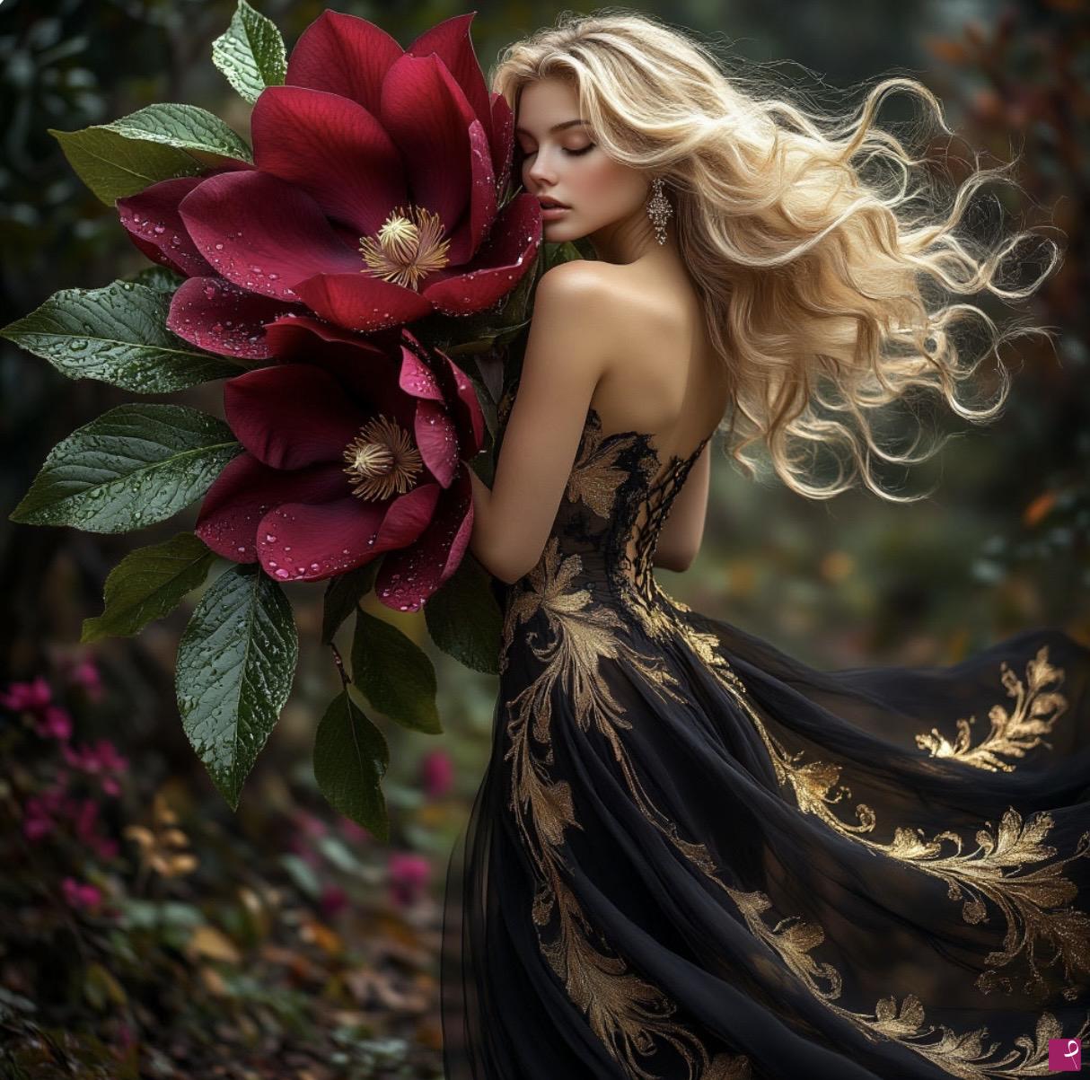 quadri in vendita online - Red flowers and beautiful girl 