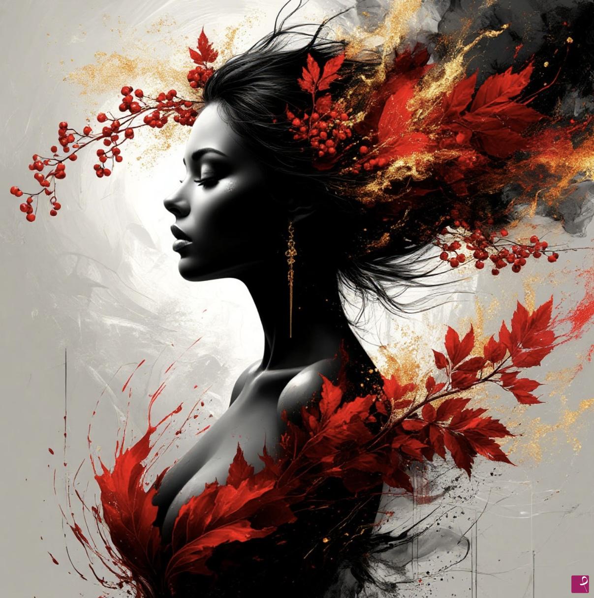 quadri in vendita online - Red viburnum and a girl