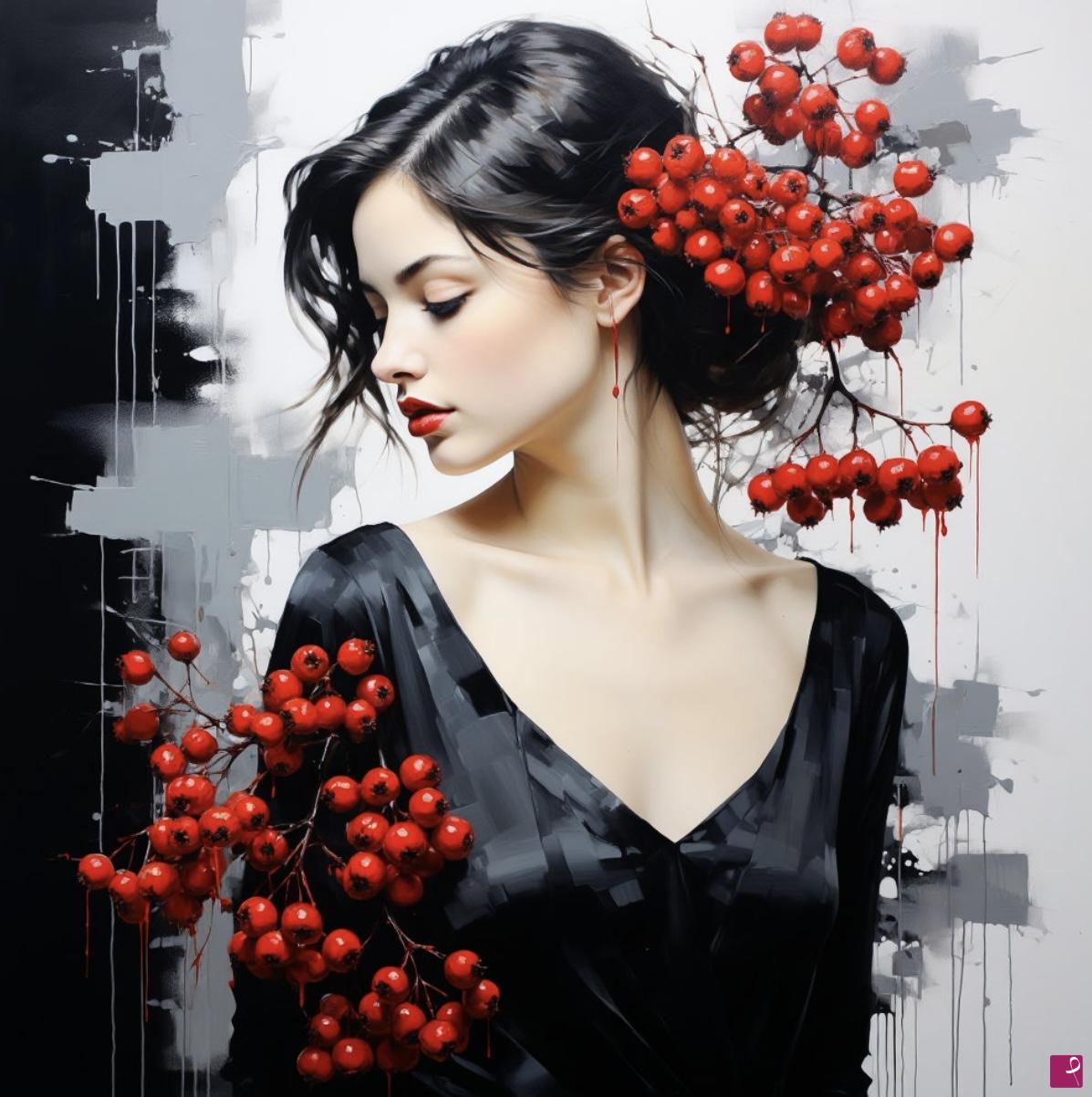 quadri in vendita online - Red viburnum and a girl2