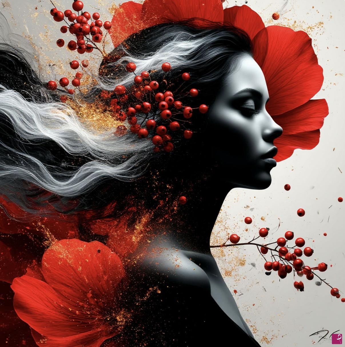 quadri in vendita online - Red viburnum and a girl4