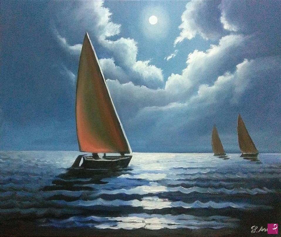 quadri in vendita online - REGATA IN UNA NOTTE DI LUNA PIENA