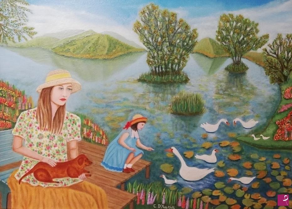 quadri in vendita online - Relax di madre e figlia sul lago