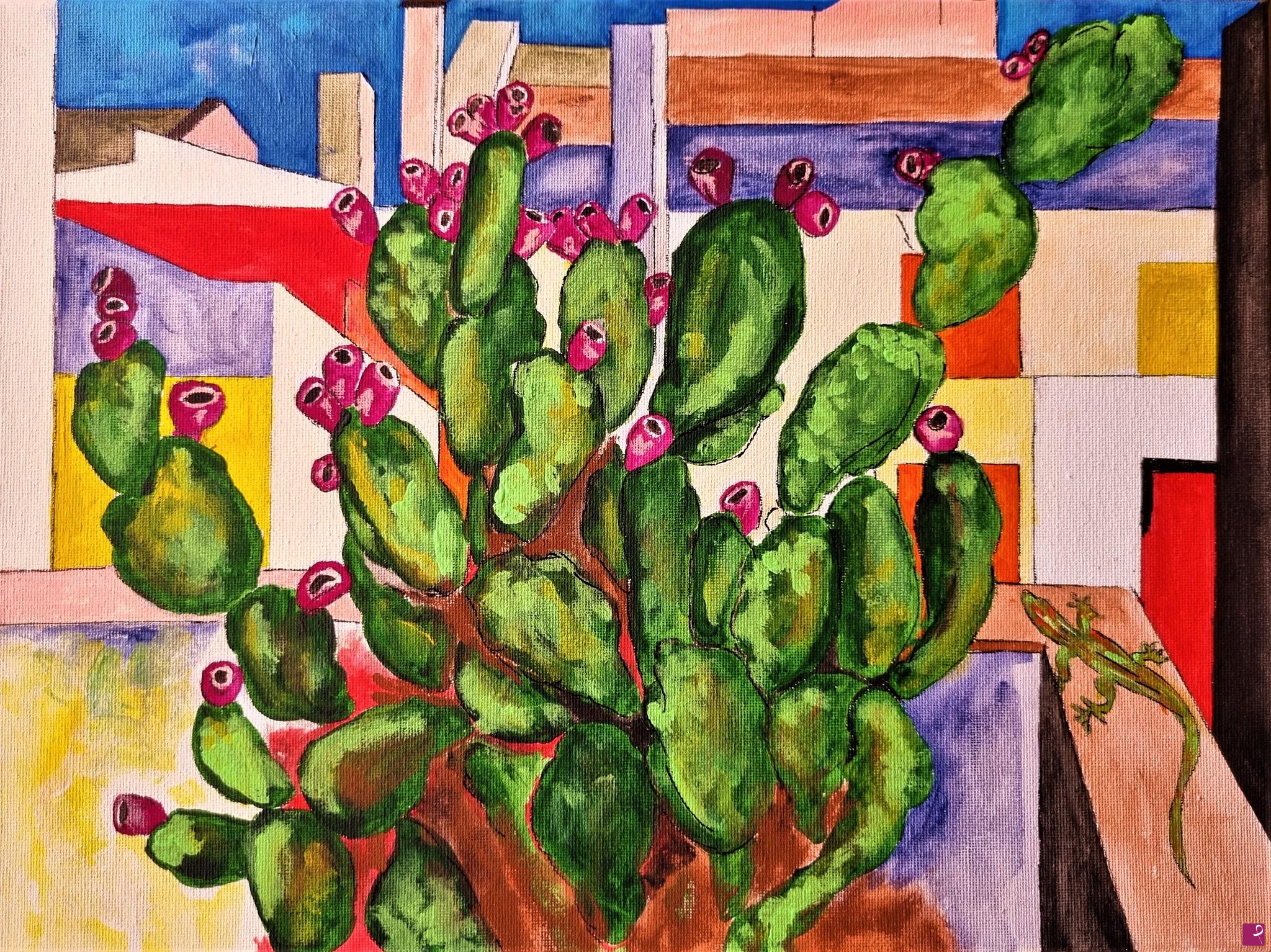 quadri in vendita online - RIELABORANDO GUTTUSO-CACTUS CON LUCERTOLA 