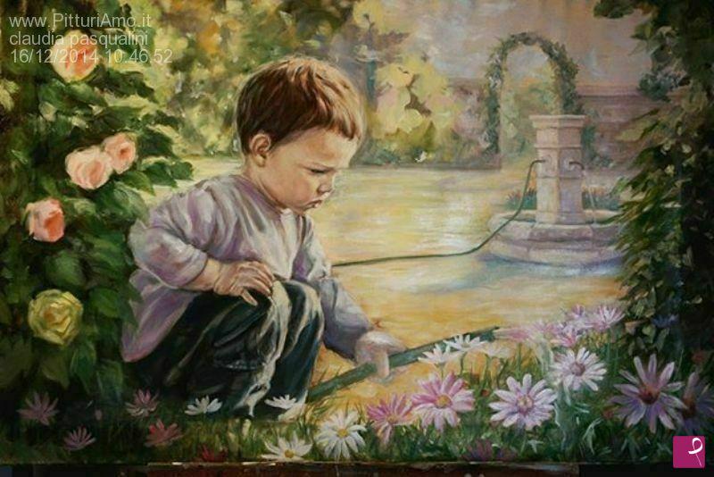 quadri in vendita online - Ritratto di Bambino in giardino con fiori