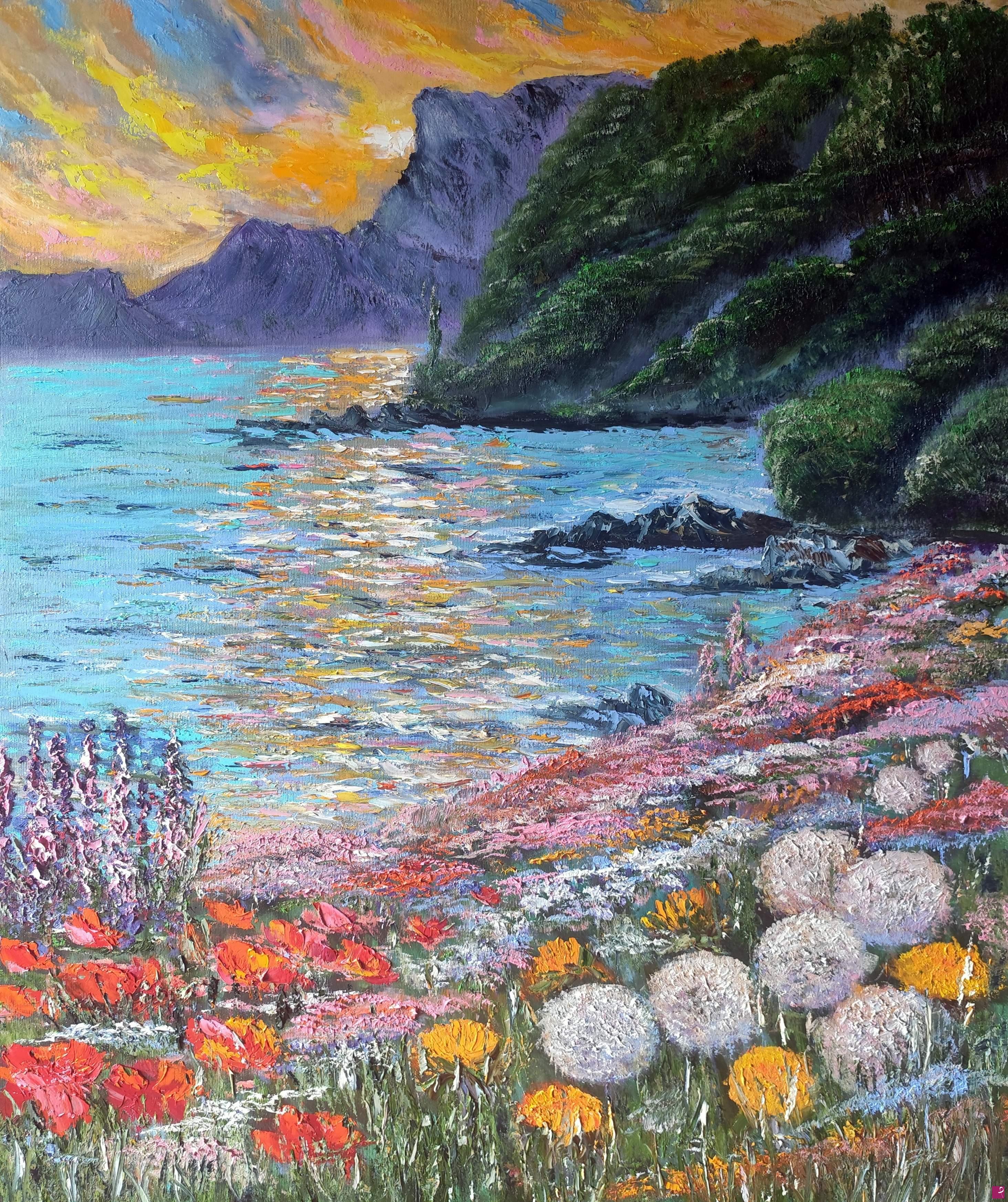 quadri in vendita online - Riva con fiori