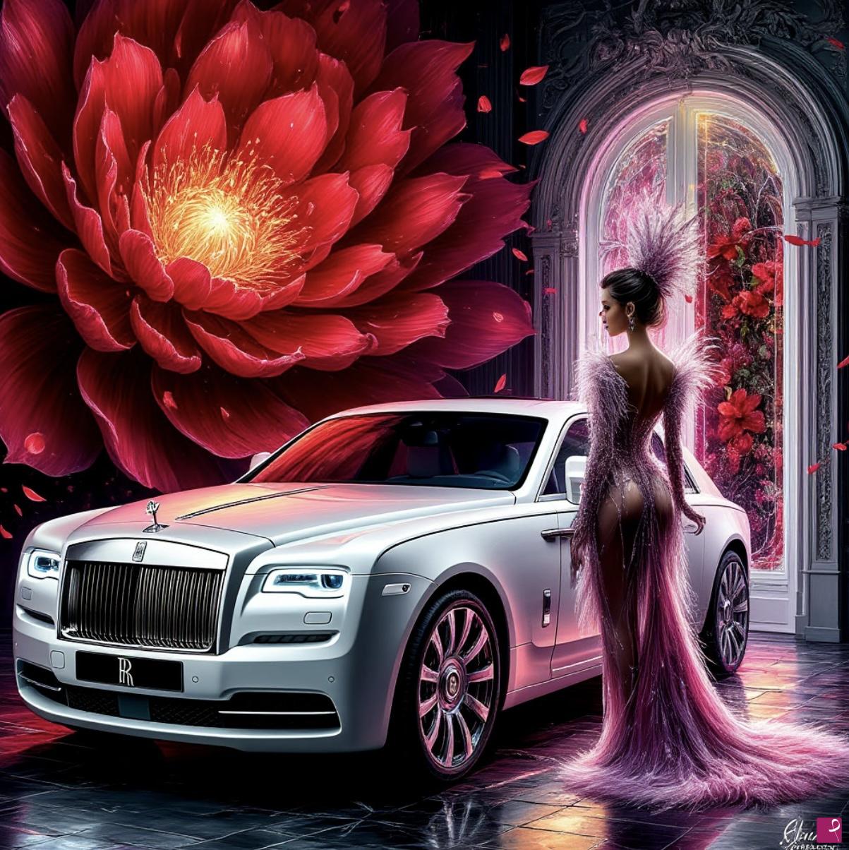 quadri in vendita online - Rolls Roys Phantom and girl, flower