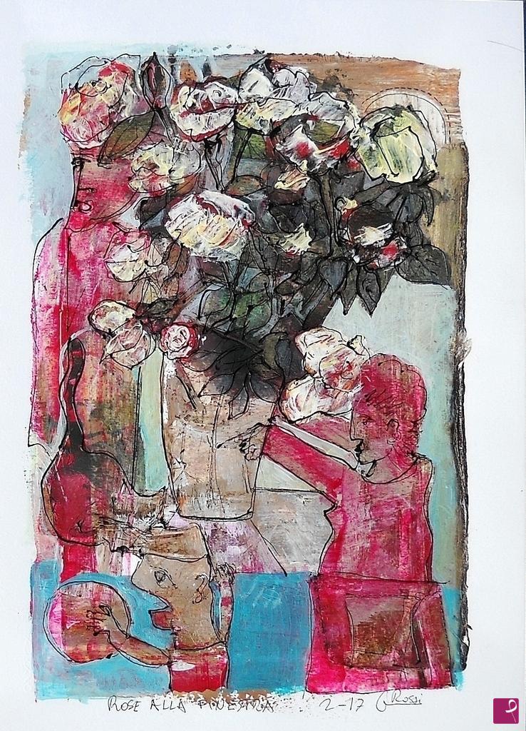 quadri in vendita online - "Rose alla finestra" 24x33 cm tecnica mista su carta .Autenticato retro
