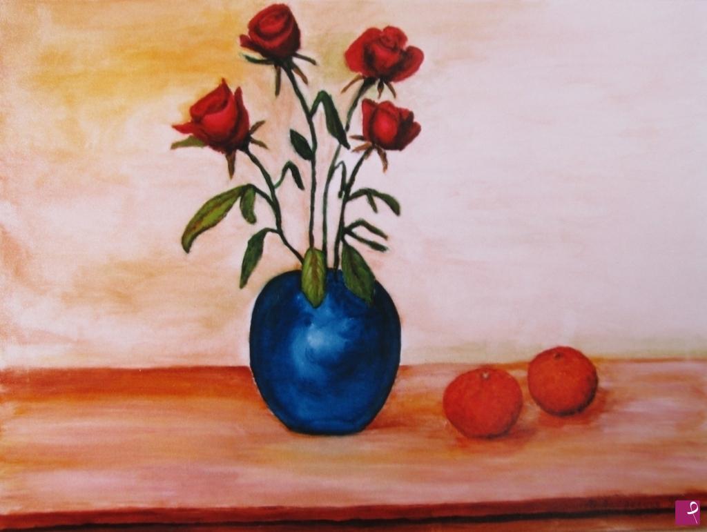 quadri in vendita online - Rose e vaso blu con arance  anno1999  700€  venduto