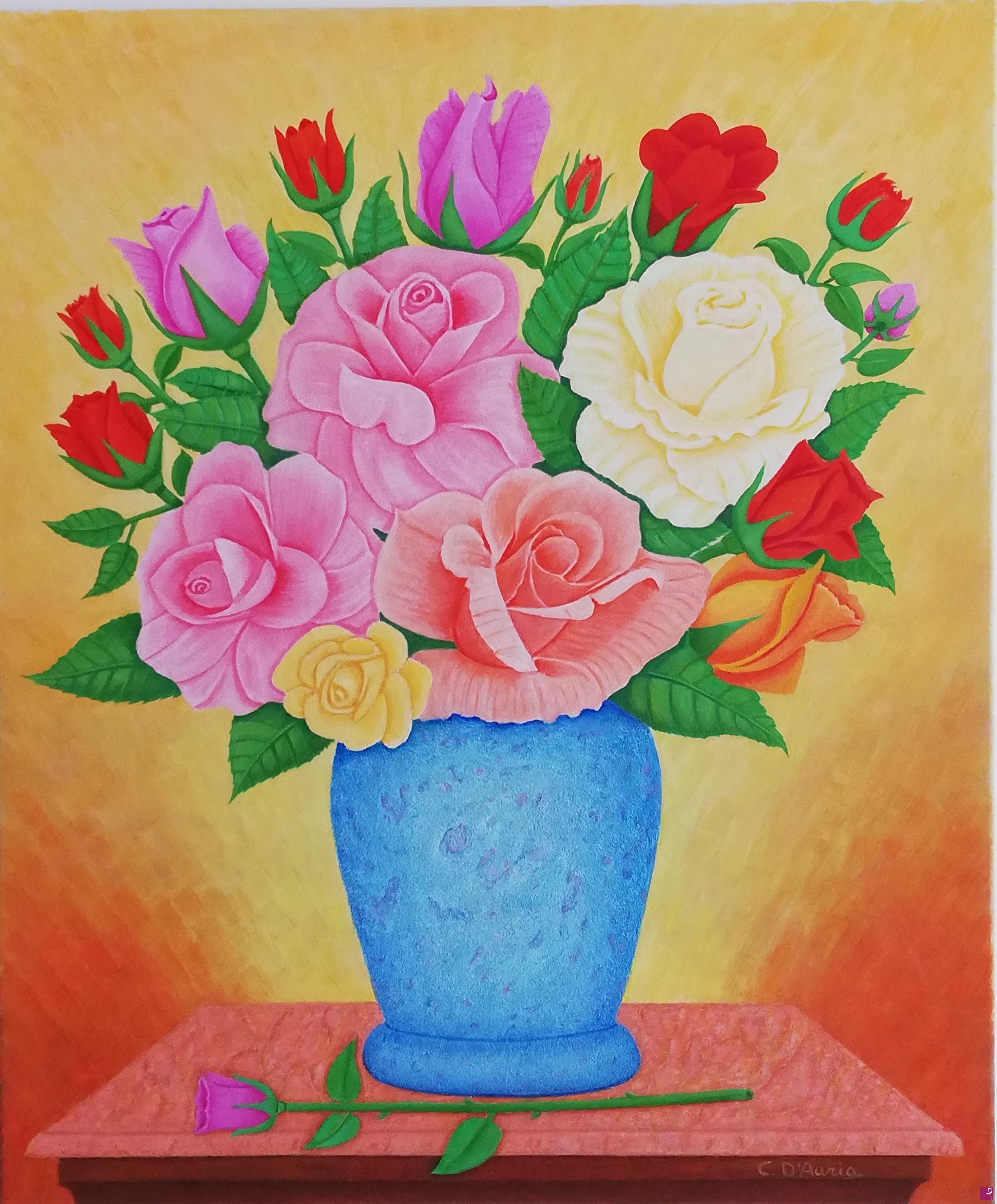 quadri in vendita online - Rose in un vaso azzurro