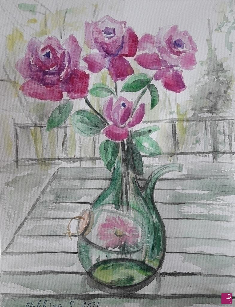 quadri in vendita online - Rose in vecchia bottiglia 