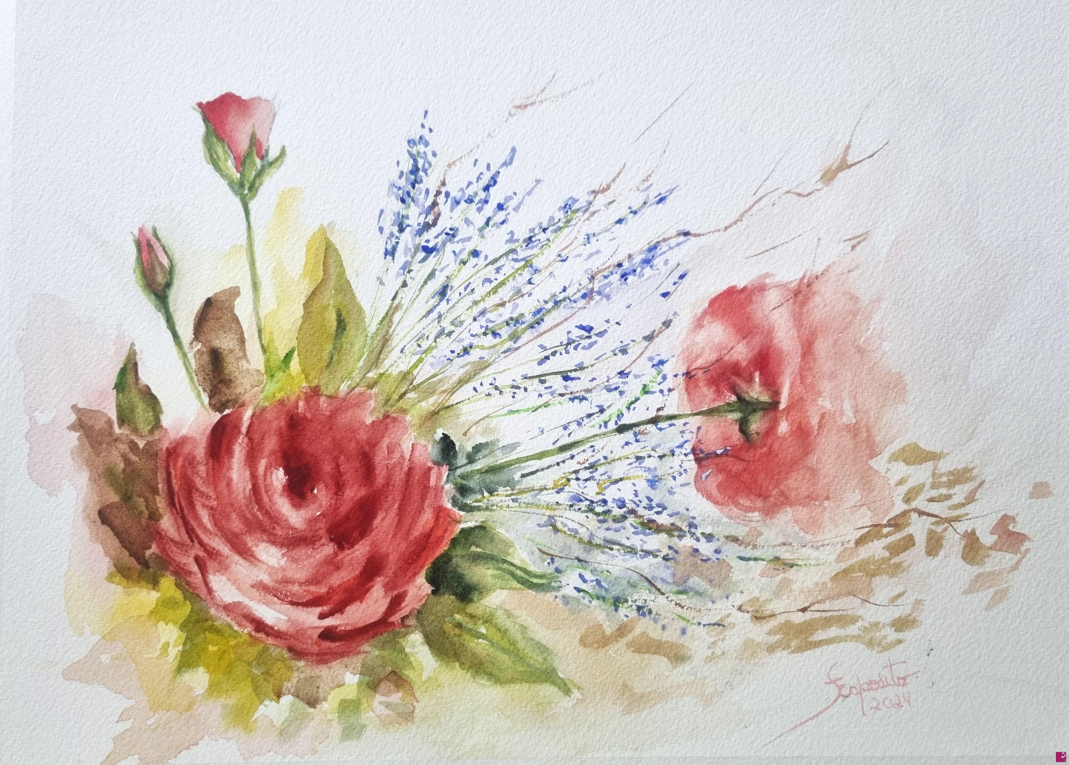 quadri in vendita online - Rose Rosse e Lavanda
