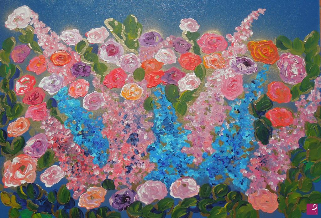 quadri in vendita online - Roses and delphiniums in a spring garden - 361