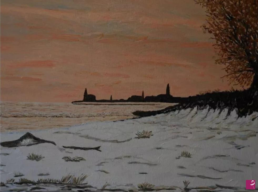 quadri in vendita online - Rosso di sera.    Tra la terra e il mare gli elementi mutano di forma e consistenza, ghiaccio e fuoco disegnano i contorni di insediamenti lontani. 