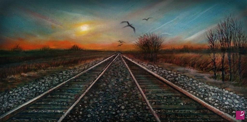 quadri in vendita online - rotaie  al  tramonto