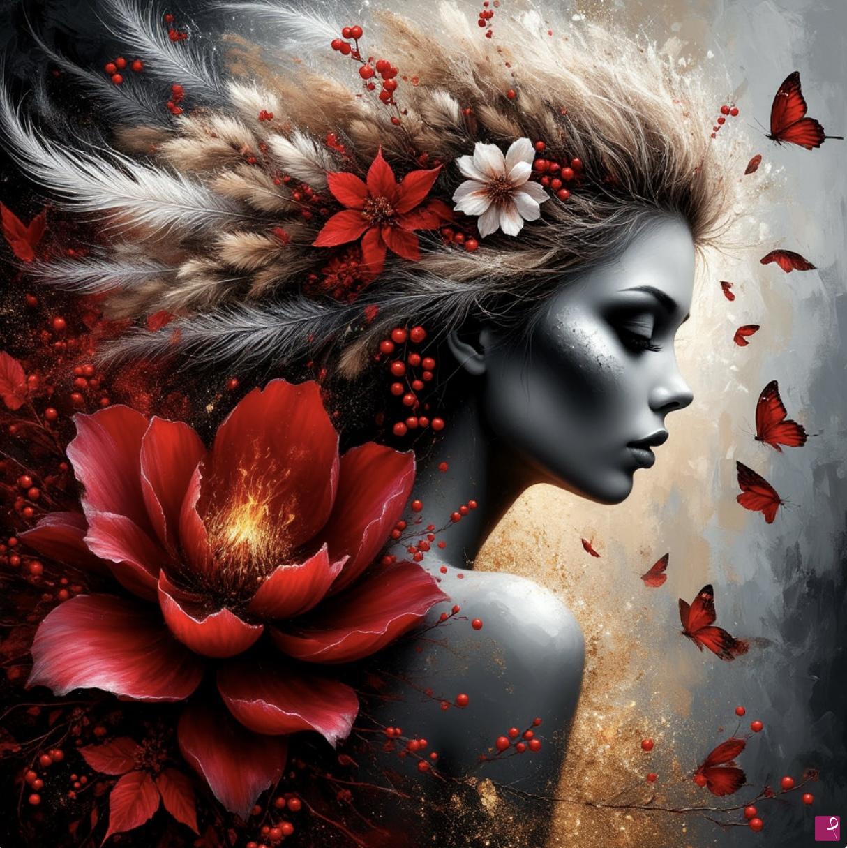 quadri in vendita online - Rowan, feathers, flowers and a girl