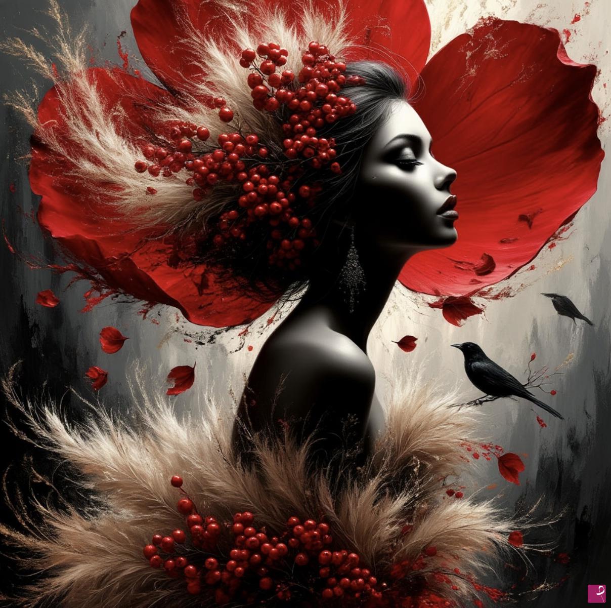 quadri in vendita online - Rowan, feathers, flowers, birds and a girl
