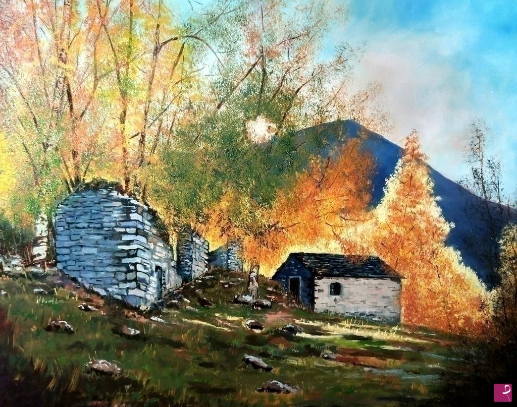 quadri in vendita online - Ruderi in autunno ad Aprica