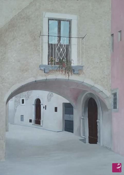 quadri in vendita online - S. Demetrio n. V. (Aq), V. ed arco S. Michele, balconcino fiorito