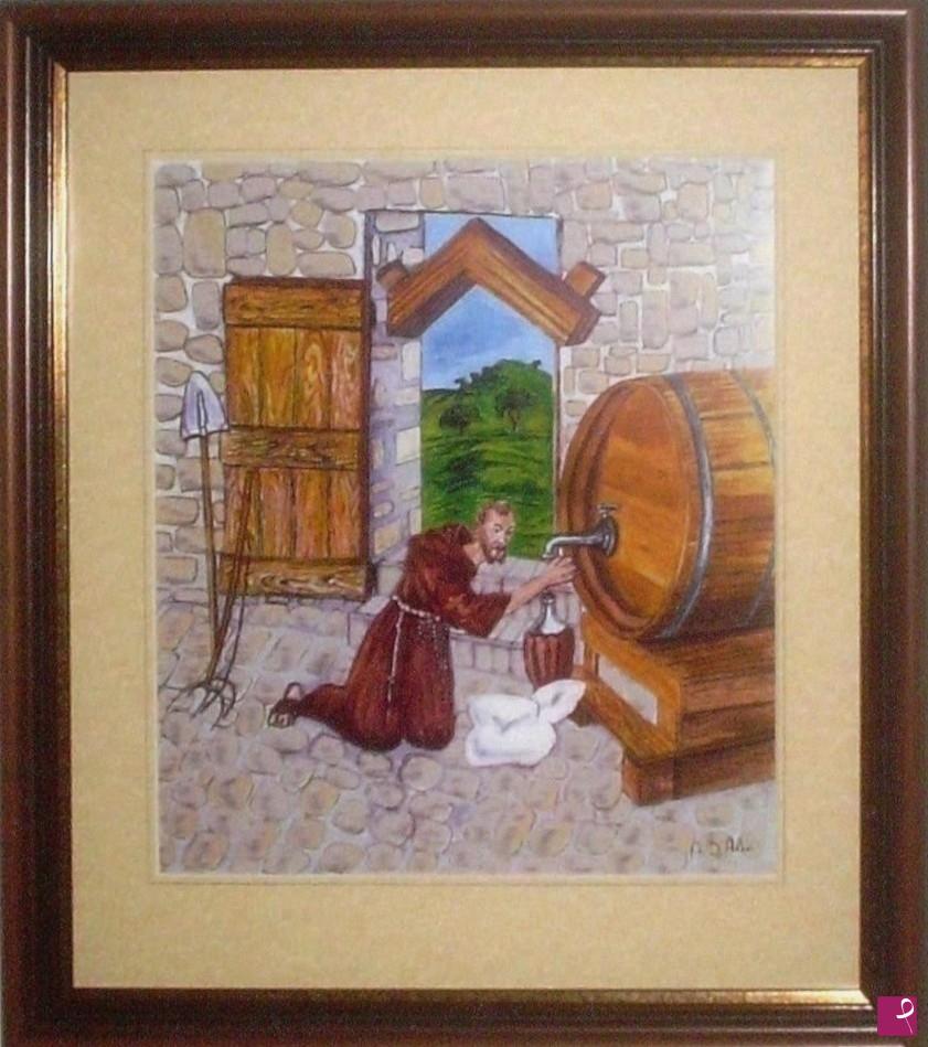 quadri in vendita online - S. Felice da Nicosia ripara la botte che perde vino con una polizzina dell'Immacolata