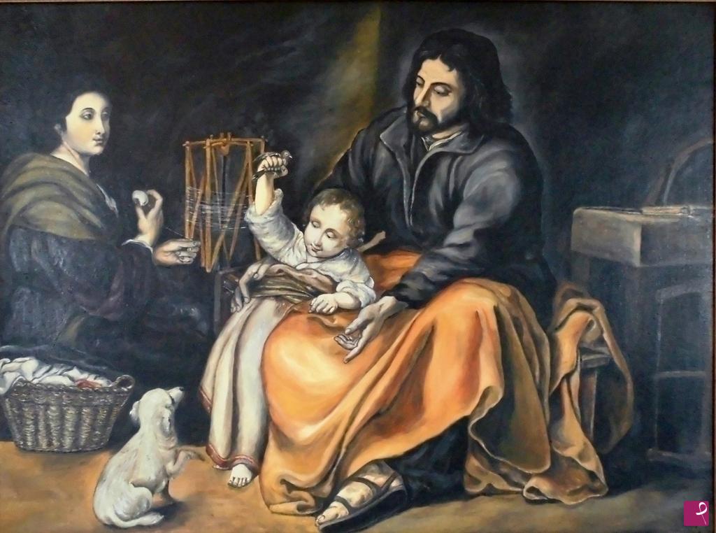 quadri in vendita online - sacra famiglia con cagnolino omaggio a E.Murillo