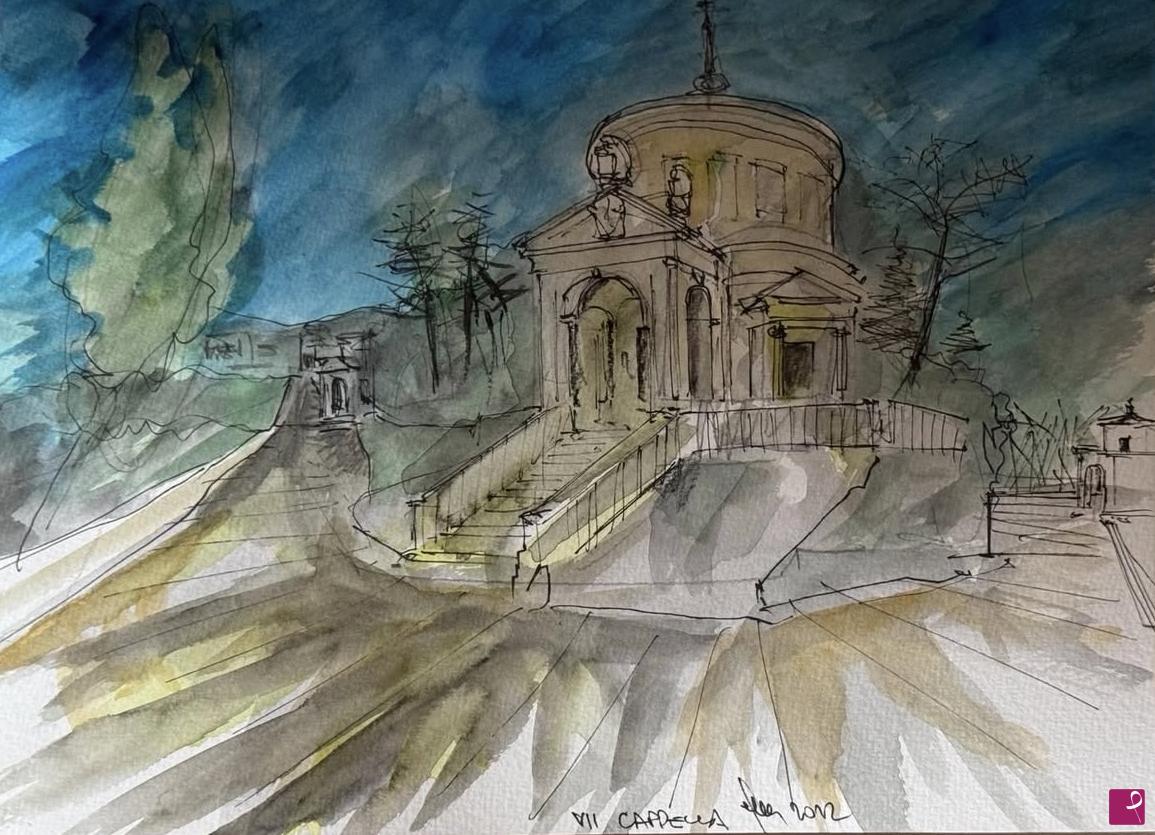 quadri in vendita online - sacro monte sopra varese -VII cappella , la meta' esatta della via sacra - con vista sulla VI e sull'VIII