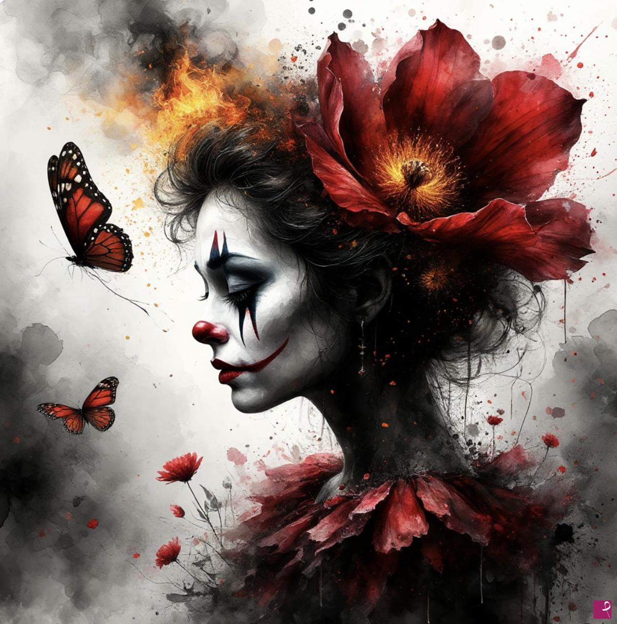 quadri in vendita online - Sad clown and butterflies 