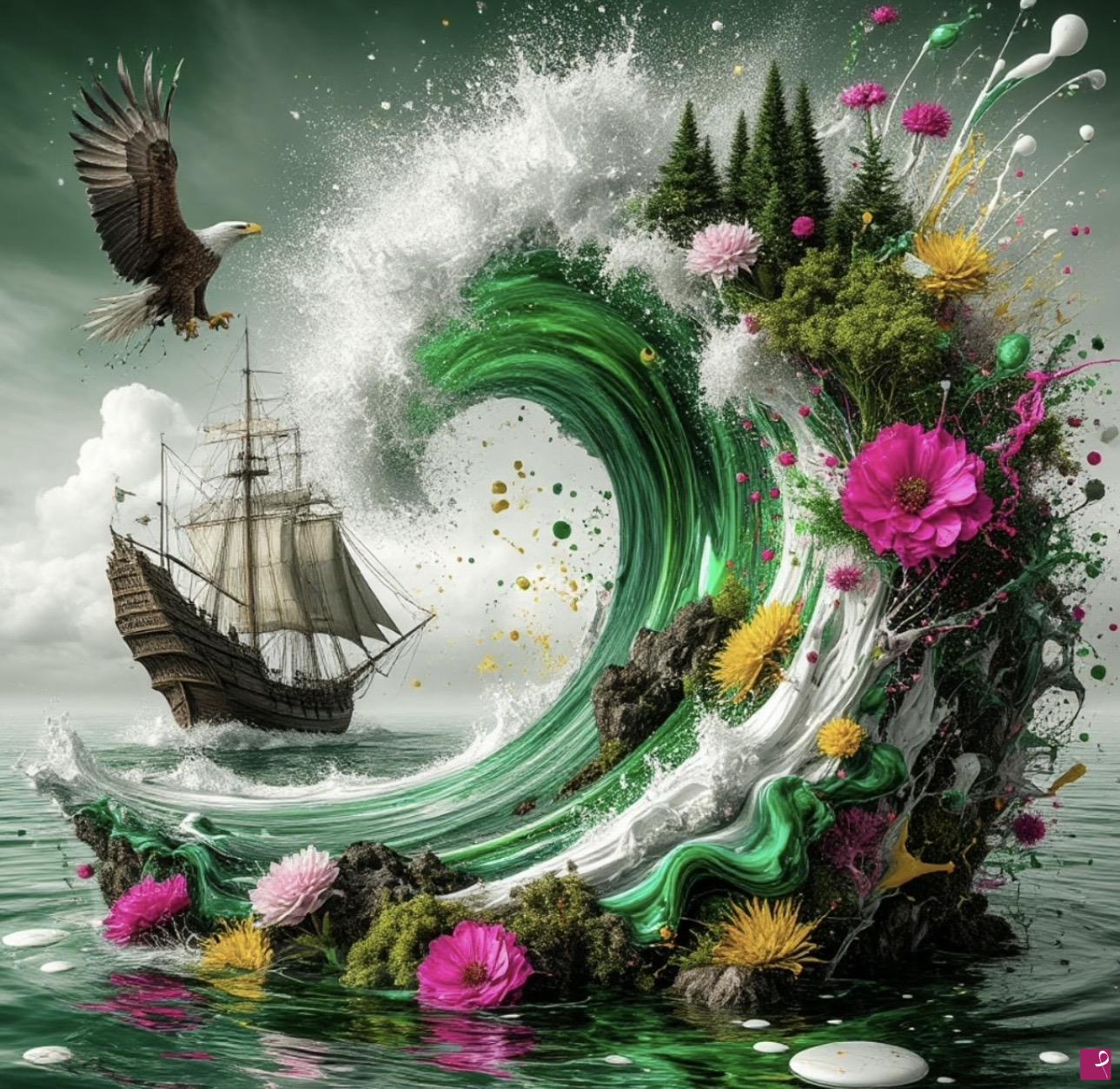 quadri in vendita online - Sailboat and flower wave